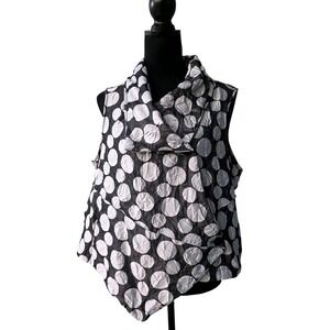 Lisa Bayne Polka Dot Sleeveless Vest Top Women Black White Draped Collar Size L